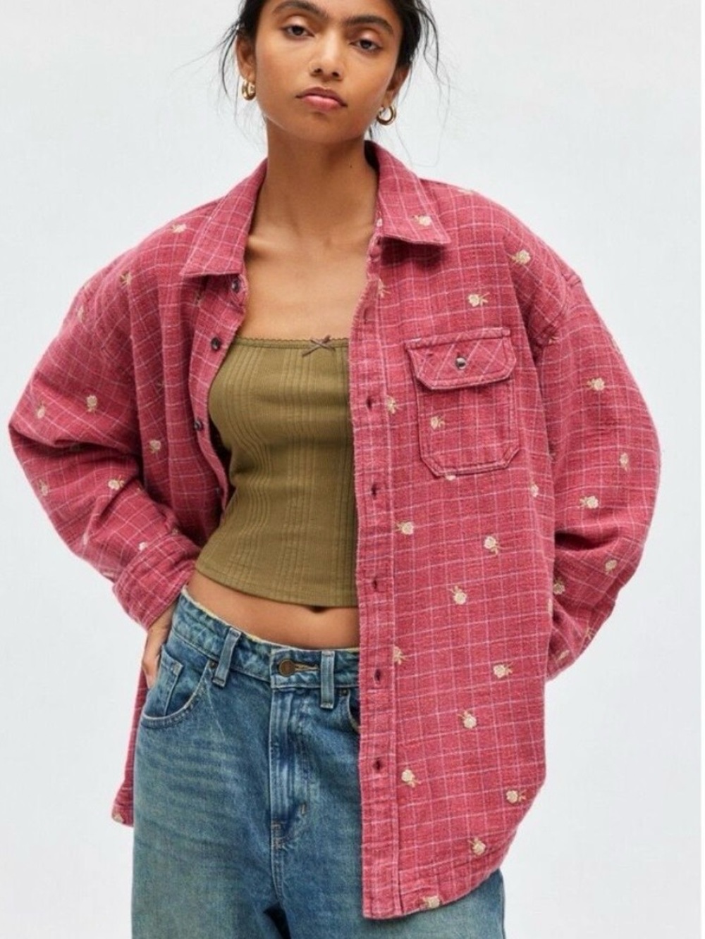 NWOT Urban Outfitters BDG Dani Embroidered Oversized Flannel Shirt M